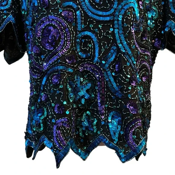Laurence Kazar Top XL Blue Silk Blouse Sequined Beaded Vintage VTG 80s Scalloped - Picture 5 of 12